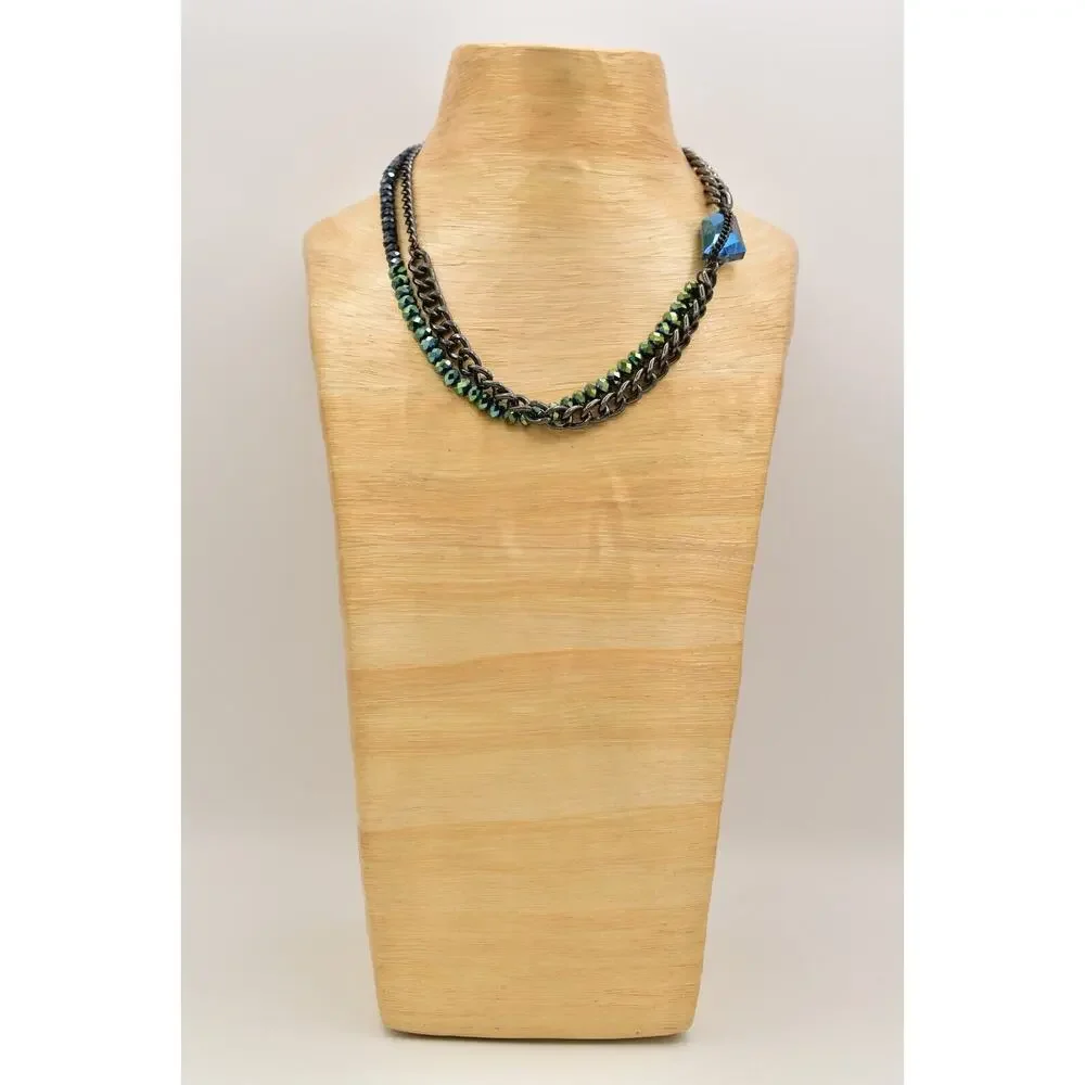 Kenneth Cole Crystal Beaded Necklace Multi-Layered Gunmetal Blue Green BinBD